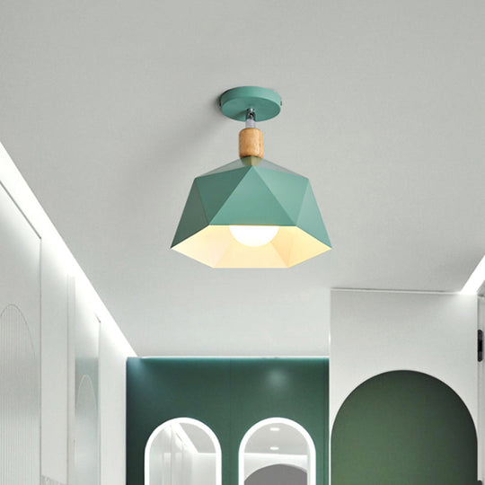 Sleek Macaron Rotating Ceiling Lamp with Wood Accent - Polygon Corridor Semi Flush Light Metallic - 1 Bulb - Green/Grey/White