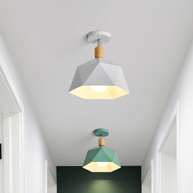 Sleek Macaron Rotating Ceiling Lamp with Wood Accent - Polygon Corridor Semi Flush Light Metallic - 1 Bulb - Green/Grey/White