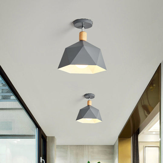 Sleek Macaron Rotating Ceiling Lamp With Wood Accent - Polygon Corridor Semi Flush Light Metallic 1