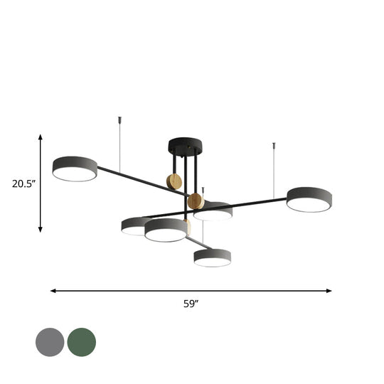 Nordic Metal Branch Chandelier Light Fixture - 6 Head Grey/Green Hanging Lamp With Wood Decor