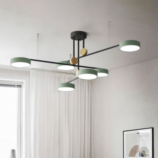 Nordic Metal Branch Chandelier Light Fixture - 6 Head Grey/Green Hanging Lamp With Wood Decor