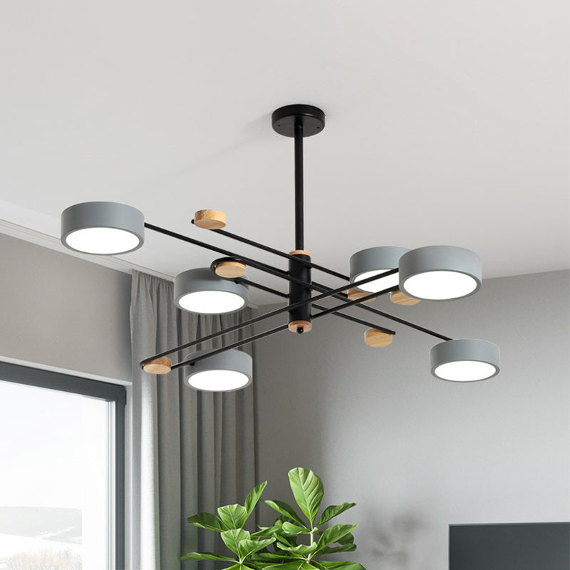 Nordic Chandelier With 6 Lights: Modern Sputnik Design Gold/Grey/White-Wood Finish Acrylic Shade