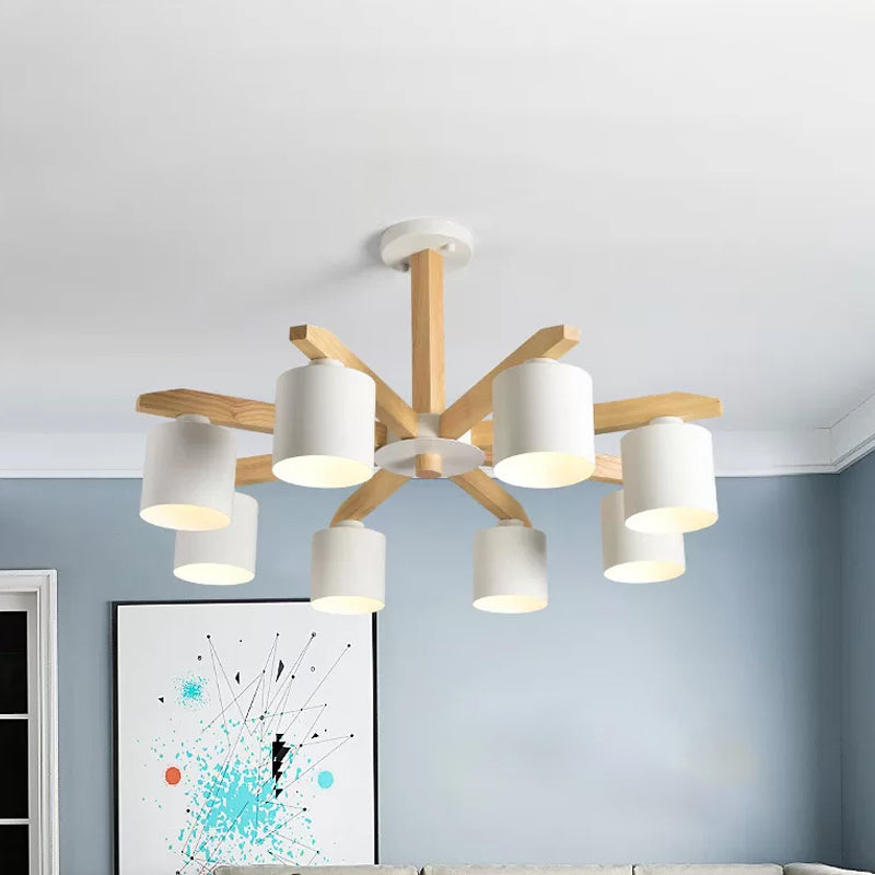 Nordic 6-Head Metal Ceiling Chandelier With Wood Arm In White/Green/Grey