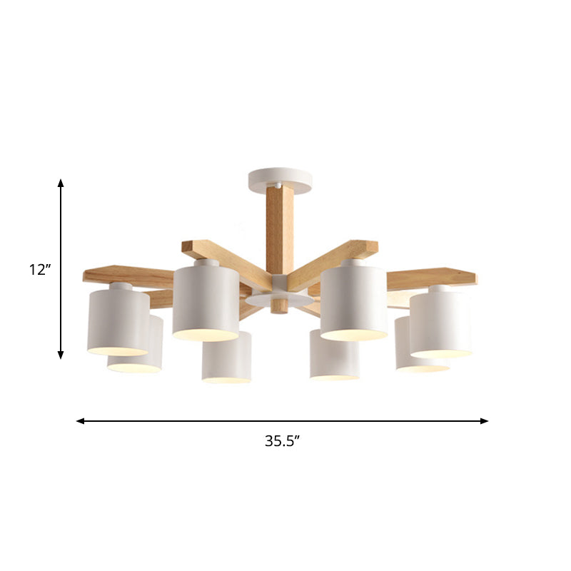 Nordic 6-Head Metal Ceiling Chandelier With Wood Arm In White/Green/Grey