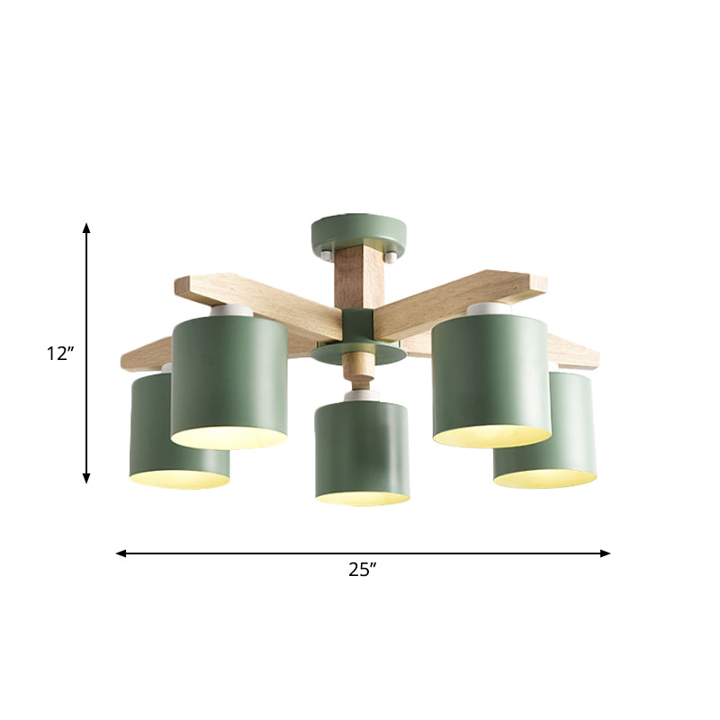 Nordic 6-Head Metal Ceiling Chandelier With Wood Arm In White/Green/Grey