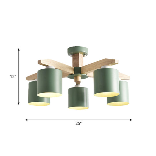 Nordic 6-Head Metal Ceiling Chandelier With Wood Arm In White/Green/Grey