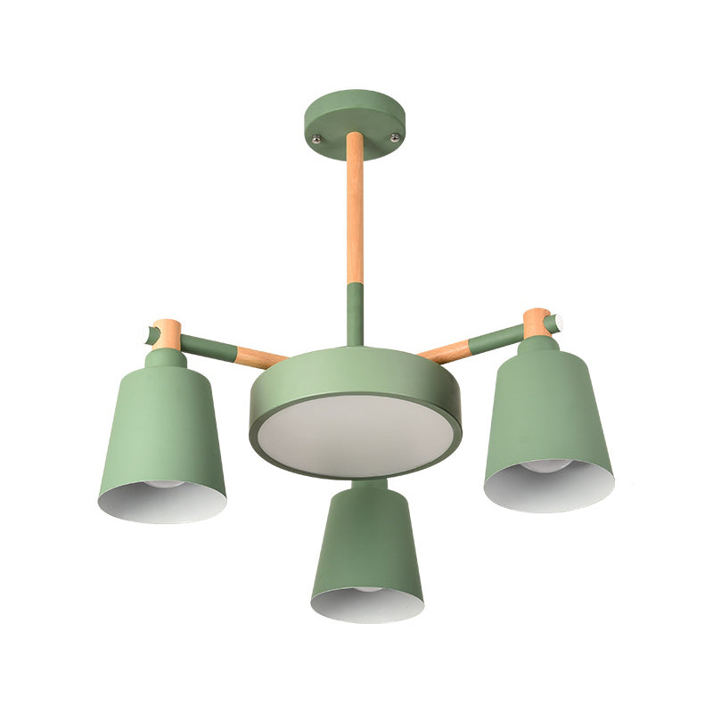 Contemporary Macaron 3/5/8-Light Chandelier In Grey/Blue/White With Wood Suspension And Metal Bucket