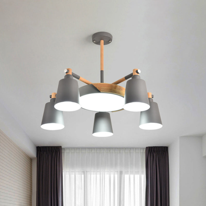 Contemporary Macaron 3/5/8-Light Chandelier In Grey/Blue/White With Wood Suspension And Metal Bucket