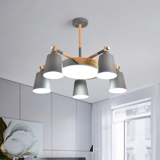 Contemporary Macaron 3/5/8-Light Chandelier In Grey/Blue/White With Wood Suspension And Metal Bucket