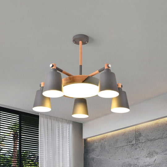 Contemporary Macaron 3/5/8-Light Chandelier In Grey/Blue/White With Wood Suspension And Metal Bucket