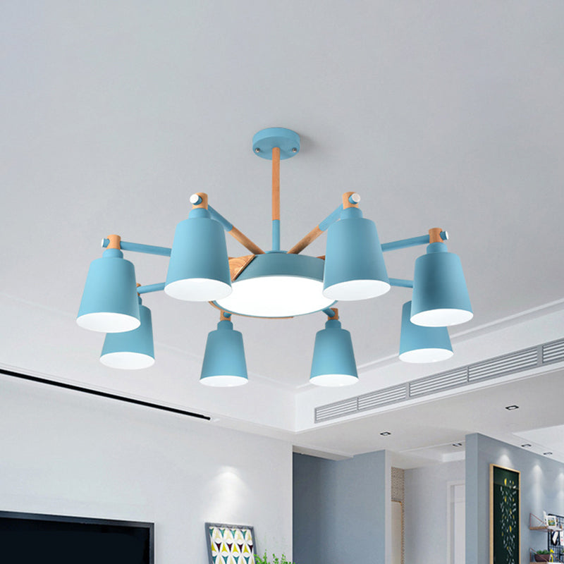 Contemporary Macaron 3/5/8-Light Chandelier In Grey/Blue/White With Wood Suspension And Metal Bucket