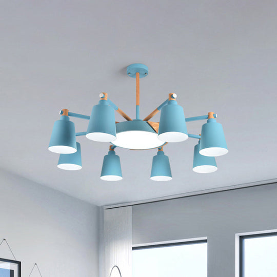 Contemporary Macaron 3/5/8-Light Chandelier In Grey/Blue/White With Wood Suspension And Metal Bucket