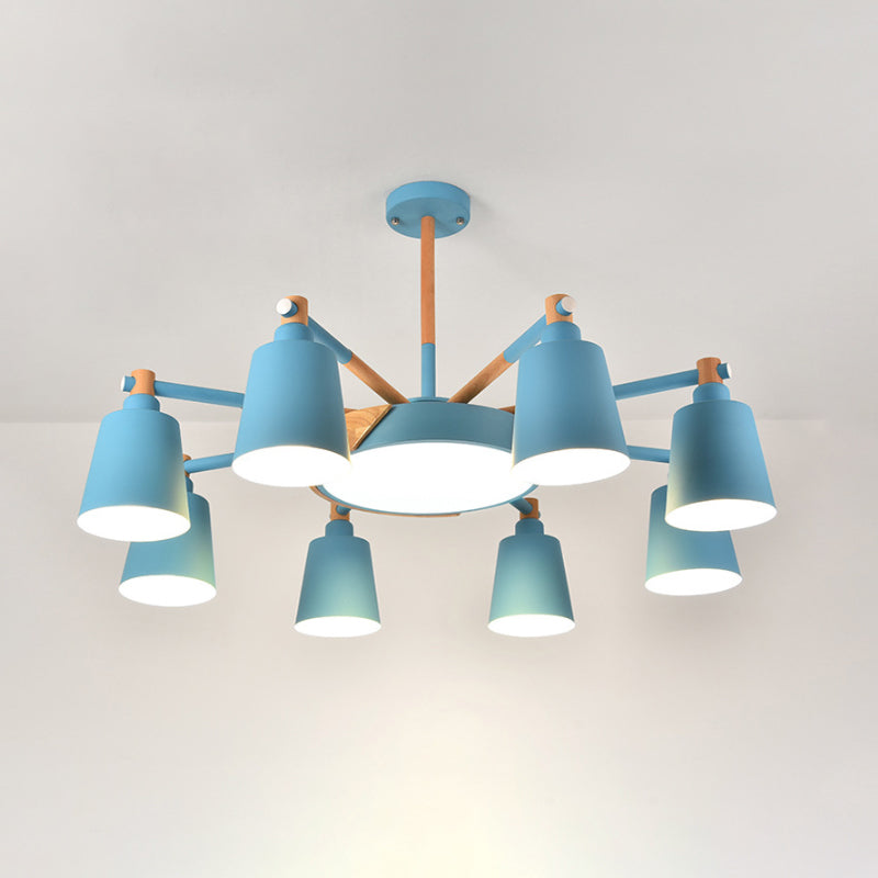 Contemporary Macaron 3/5/8-Light Chandelier In Grey/Blue/White With Wood Suspension And Metal Bucket