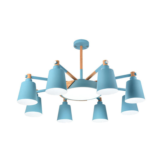 Contemporary Macaron 3/5/8-Light Chandelier In Grey/Blue/White With Wood Suspension And Metal Bucket