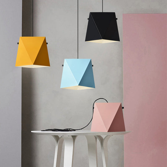 Geometric Pendant Ceiling Light In Macaron Iron Down Lighting With 1 Bulb - Pink/Black/Blue