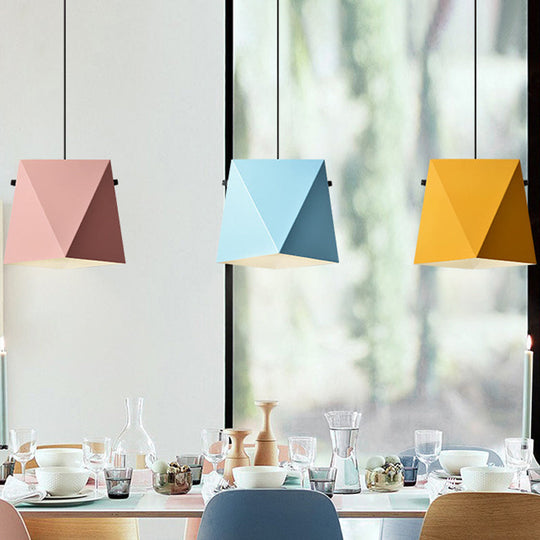 Geometric Pendant Ceiling Light In Macaron Iron Down Lighting With 1 Bulb - Pink/Black/Blue