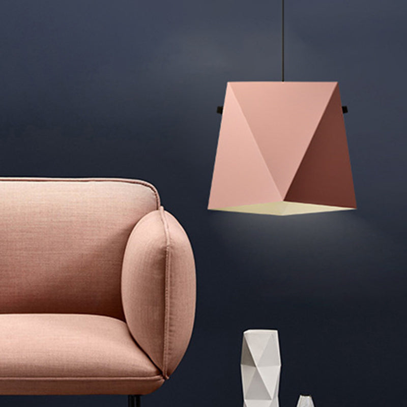 Geometric Pendant Ceiling Light In Macaron Iron Down Lighting With 1 Bulb - Pink/Black/Blue