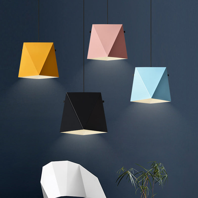 Geometric Pendant Ceiling Light In Macaron Iron Down Lighting With 1 Bulb - Pink/Black/Blue