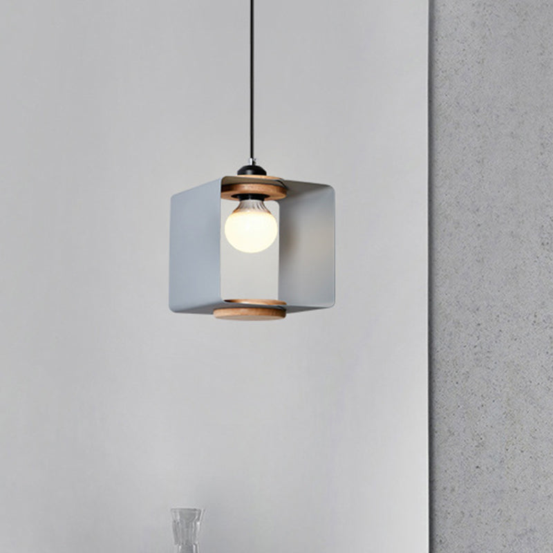 1-Light Macaron Yellow/Blue/White And Wood Pendant With Square Iron Frame - Bedroom Pendulum Light