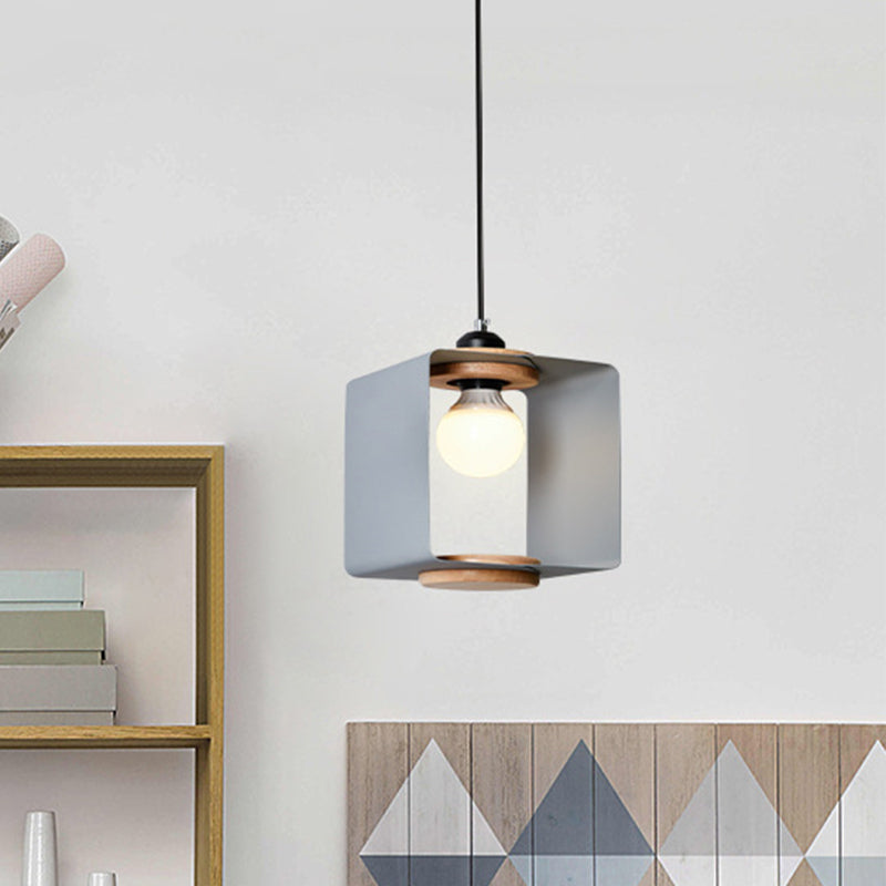 1-Light Macaron Yellow/Blue/White And Wood Pendant With Square Iron Frame - Bedroom Pendulum Light