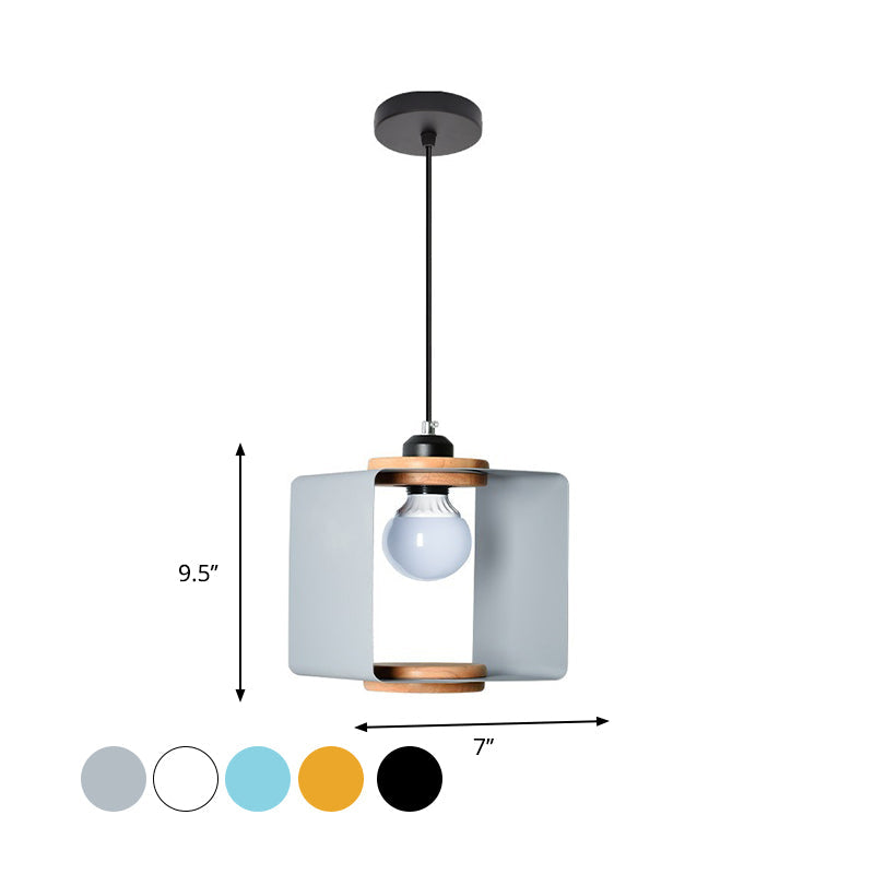 1-Light Macaron Yellow/Blue/White And Wood Pendant With Square Iron Frame - Bedroom Pendulum Light