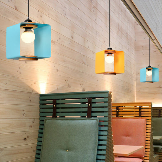 1-Light Macaron Yellow/Blue/White And Wood Pendant With Square Iron Frame - Bedroom Pendulum Light