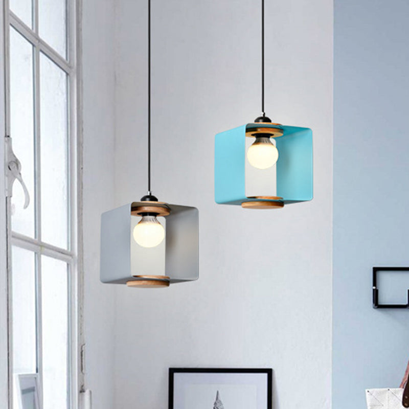 1-Light Macaron Yellow/Blue/White And Wood Pendant With Square Iron Frame - Bedroom Pendulum Light