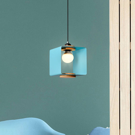 1-Light Macaron Yellow/Blue/White And Wood Pendant With Square Iron Frame - Bedroom Pendulum Light