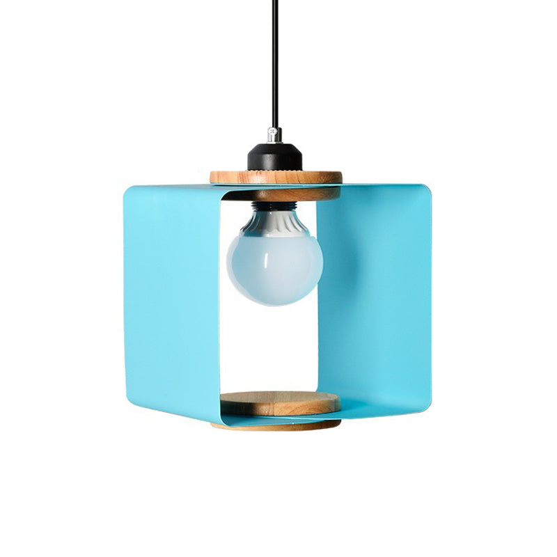 1-Light Macaron Yellow/Blue/White And Wood Pendant With Square Iron Frame - Bedroom Pendulum Light