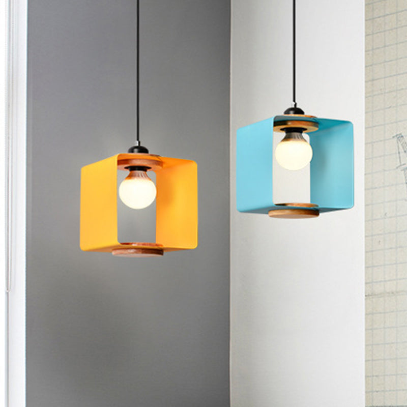 1-Light Macaron Yellow/Blue/White And Wood Pendant With Square Iron Frame - Bedroom Pendulum Light