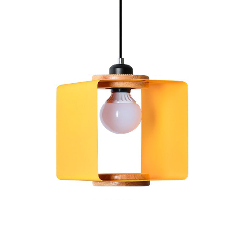 1-Light Macaron Yellow/Blue/White And Wood Pendant With Square Iron Frame - Bedroom Pendulum Light