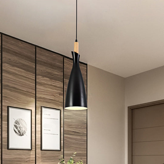 Tapered Shade Pendant Nordic Iron Led Ceiling Hang Light With Wood Décor - Grey/White/Black