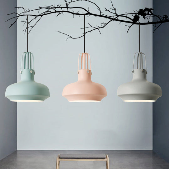 1 Head Macaron Pot Pendant Ceiling Lamp With Gripper In Pink/Blue/Grey - Aluminum Restaurant Down