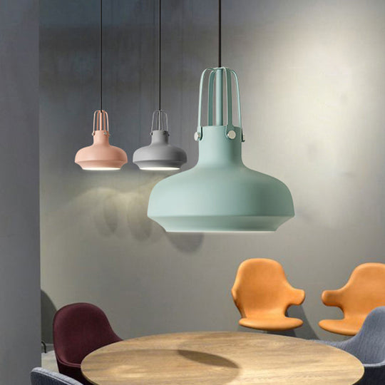 1 Head Macaron Pot Pendant Ceiling Lamp With Gripper In Pink/Blue/Grey - Aluminum Restaurant Down