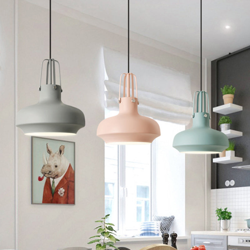 1 Head Macaron Pot Pendant Ceiling Lamp With Gripper In Pink/Blue/Grey - Aluminum Restaurant Down