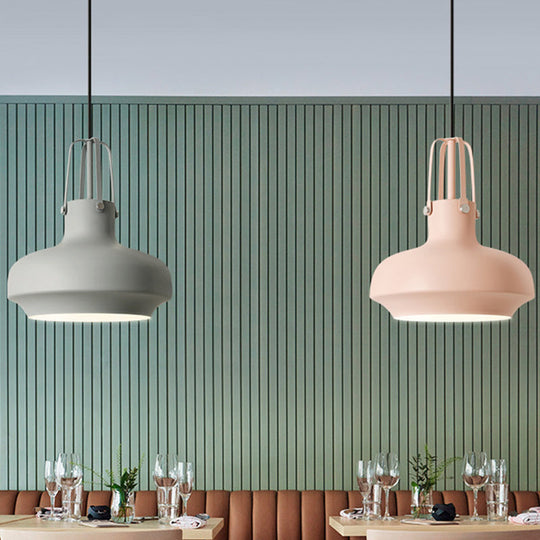 1 Head Macaron Pot Pendant Ceiling Lamp With Gripper In Pink/Blue/Grey - Aluminum Restaurant Down