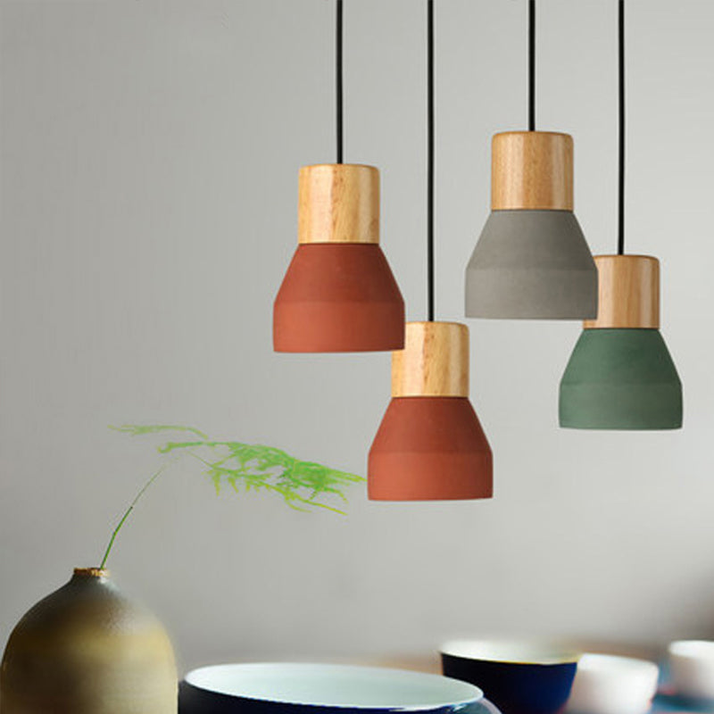 Macaron Single Hanging Lamp - Small Cement Bottle Ceiling Pendant Light with Wood Top in Red/Grey/Green