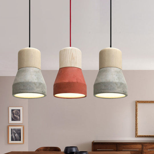 Macaron Single Hanging Lamp - Small Cement Bottle Ceiling Pendant Light with Wood Top in Red/Grey/Green