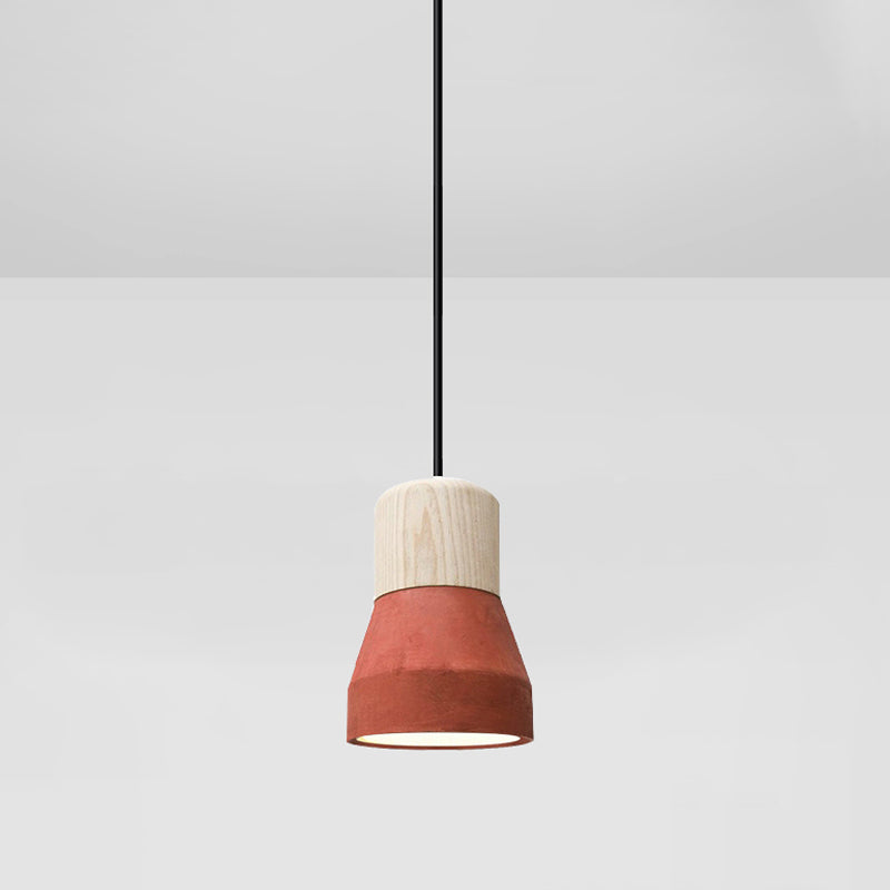 Macaron Single Hanging Lamp - Small Cement Bottle Ceiling Pendant Light with Wood Top in Red/Grey/Green