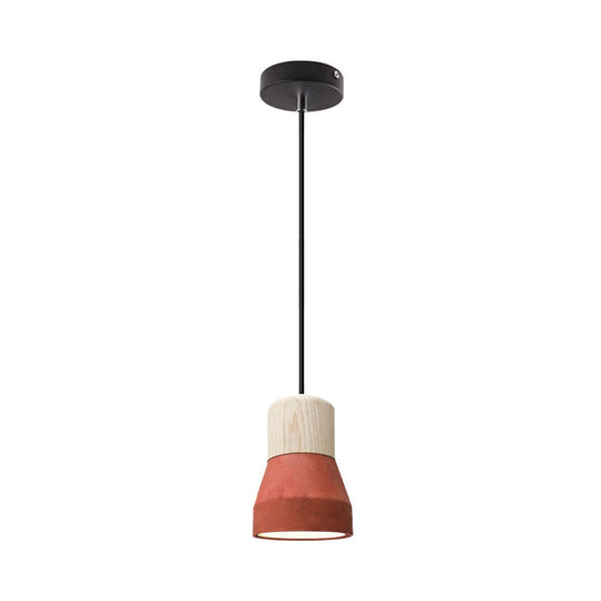 Macaron Single Hanging Lamp - Small Cement Bottle Ceiling Pendant Light with Wood Top in Red/Grey/Green