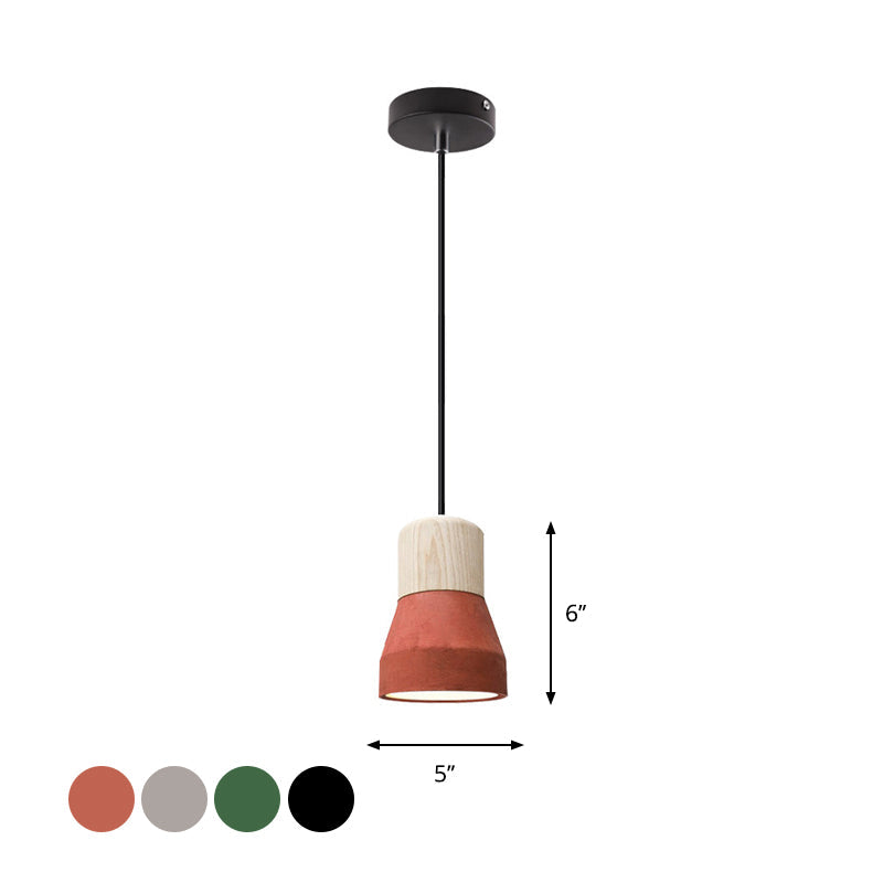 Macaron Single Hanging Lamp - Small Cement Bottle Ceiling Pendant Light with Wood Top in Red/Grey/Green