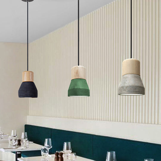 Macaron Single Hanging Lamp - Small Cement Bottle Ceiling Pendant Light with Wood Top in Red/Grey/Green