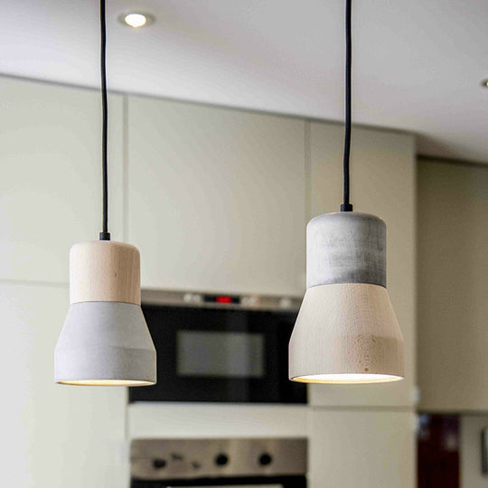 Macaron Single Hanging Lamp - Small Cement Bottle Ceiling Pendant Light with Wood Top in Red/Grey/Green