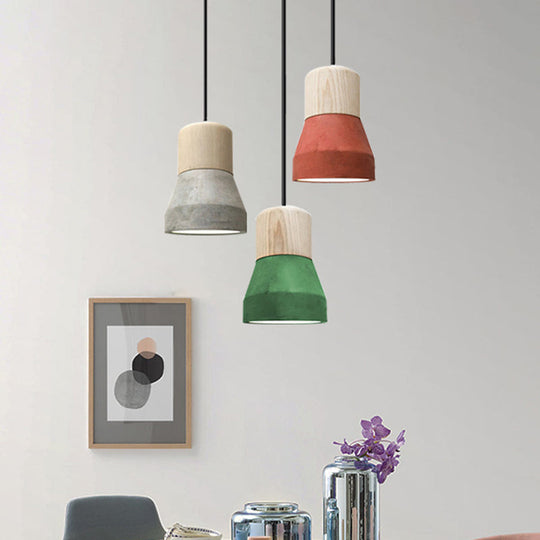 Macaron Single Hanging Lamp - Small Cement Bottle Ceiling Pendant Light with Wood Top in Red/Grey/Green