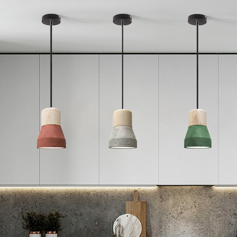 Macaron Single Hanging Lamp - Small Cement Bottle Ceiling Pendant Light with Wood Top in Red/Grey/Green