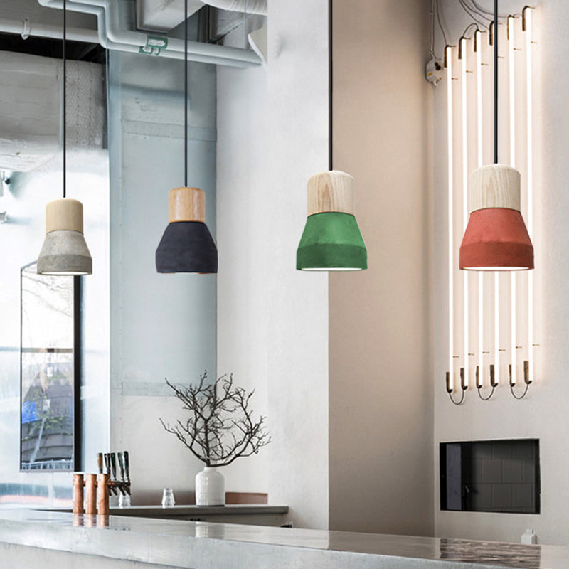 Macaron Single Hanging Lamp - Small Cement Bottle Ceiling Pendant Light with Wood Top in Red/Grey/Green