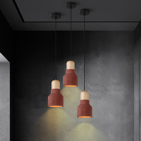 Macaron Single Hanging Lamp - Small Cement Bottle Ceiling Pendant Light with Wood Top in Red/Grey/Green