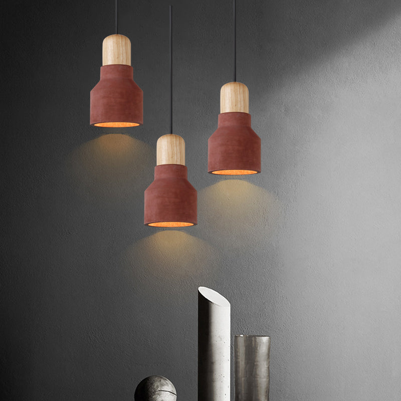 Macaron Single Hanging Lamp - Small Cement Bottle Ceiling Pendant Light with Wood Top in Red/Grey/Green