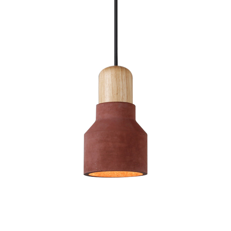 Macaron Single Hanging Lamp - Small Cement Bottle Ceiling Pendant Light with Wood Top in Red/Grey/Green