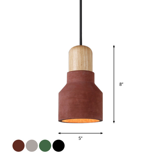 Macaron Single Hanging Lamp - Small Cement Bottle Ceiling Pendant Light with Wood Top in Red/Grey/Green